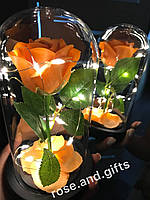 Троянда оранжева в колбі з підсвіткою Led та пелюстками 21см