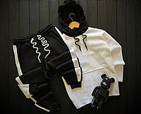 Зимний cпортивный костюм мужской на флисе теплый Set черно-белый Толстовка + Штаны зима утепленный с начесом
