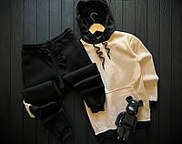 Зимний cпортивный костюм мужской на флисе теплый Set черно-бежевый Толстовка + Штаны зима утепленный с начесом
