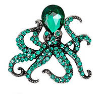 Брошь осьминог, Octopus Green, 3.4х3.6 см. Инкрустированная брошь с зелеными стразами