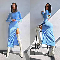 Базовое женское платье миди рубчик с разрезом на спине шнуровка Smb8745
