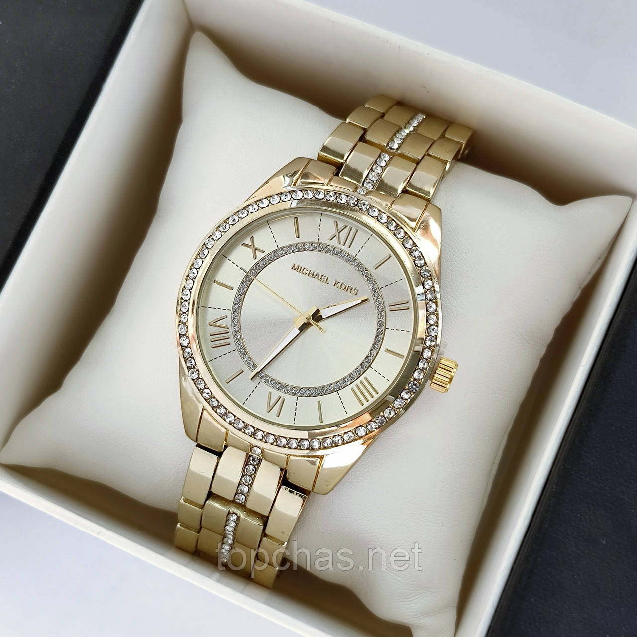 Жіночий наручний годинник Michael Kors (майкл корс) золотистий зі срібним циферблатом, камінчики - код 2309b