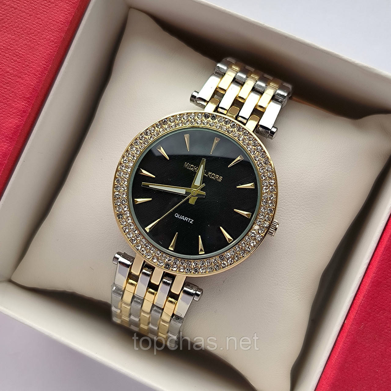 Жіночий наручний годинник Michael Kors (майкл корс) комбінований з чорним циферблатом, з камінчиками - код 2310b, фото 1