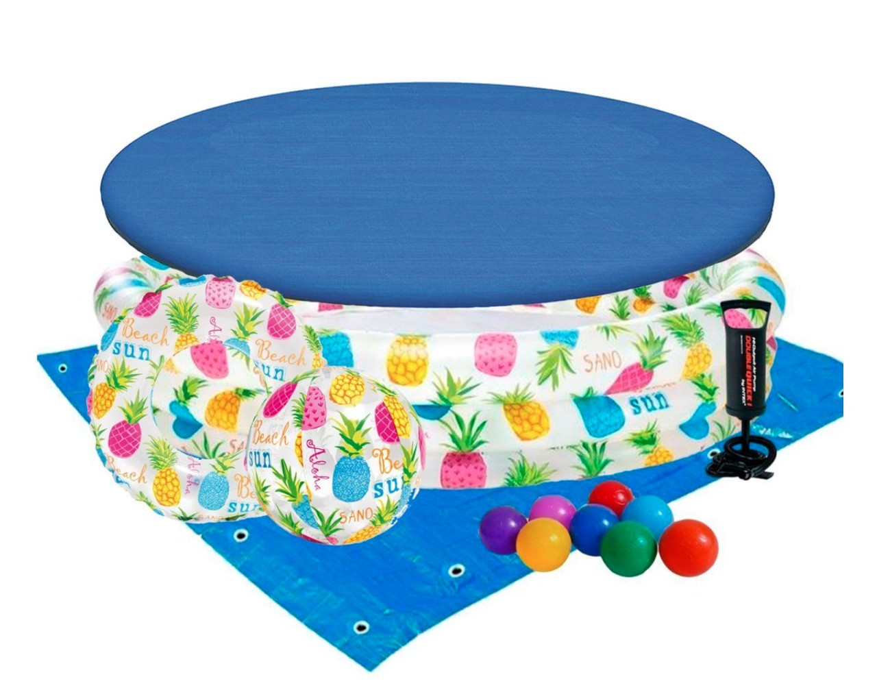 Дитячий надувний басейн Intex Ананас 132х28 см 248 л з м'ячем і колом із кульками тентом підстилкою й насосом