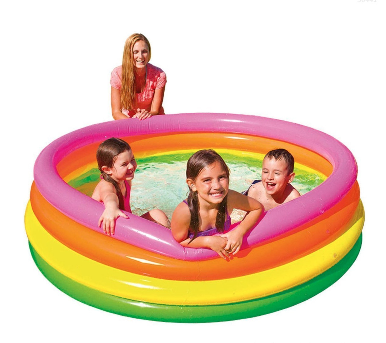 Дитячий надувний басейн Intex Веселка 770 л 168х46 см з кульками тентом підстилкою й насосом Різнобарвний