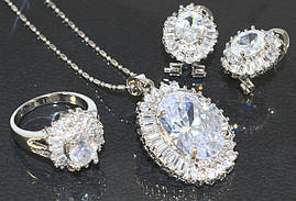 Набір: кулон на ланцюжку, сережки та каблучка 16.5р 17р 19р. Родій Камені: білий циркон