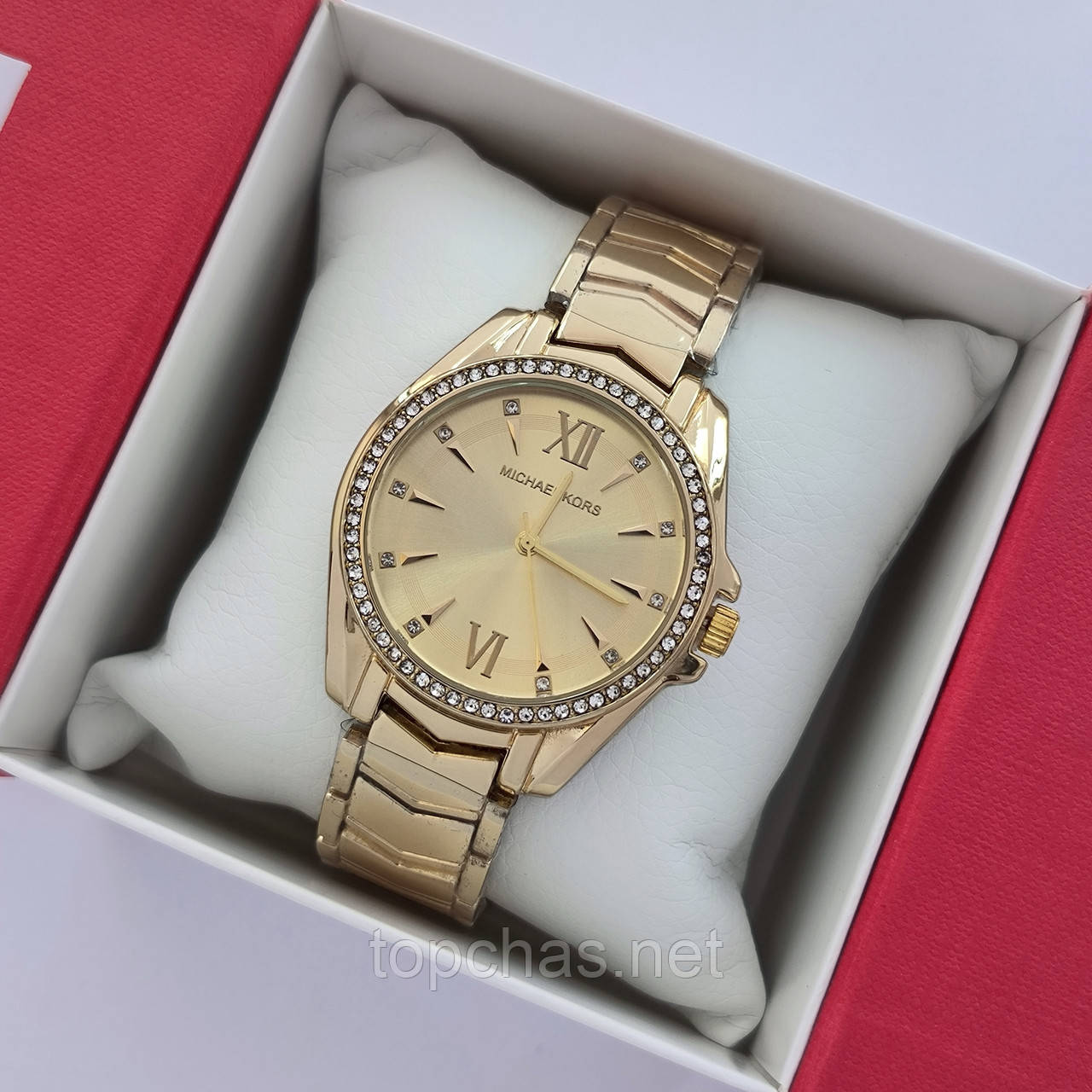 Жіночий наручний годинник Michael Kors (майкл корс) золотого кольору, з камінчиками навколо циферблата - код 2311b