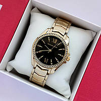 Женские наручные часы Michael Kors (майкл корс) золотые с черным, камушки вокруг циферблата - код 2312b