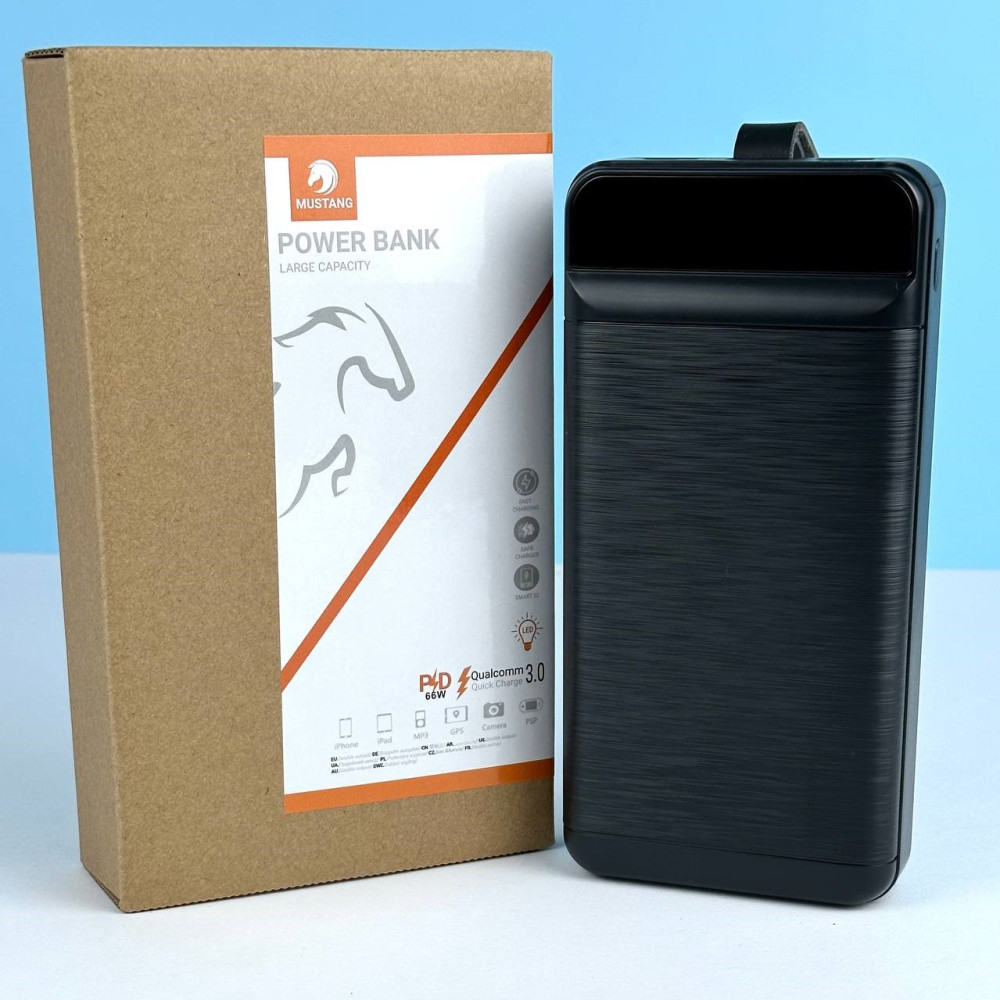 Павербанк PowerBank зі швидкою зарядкою та ліхтарем 30000mAh MUSTANG |3USB/22.5W| Чорний
