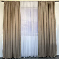 Красивые стильные шторы микровелюр однотонные с тюлем на тесьме, комплект готовых штор для зала Бежевые