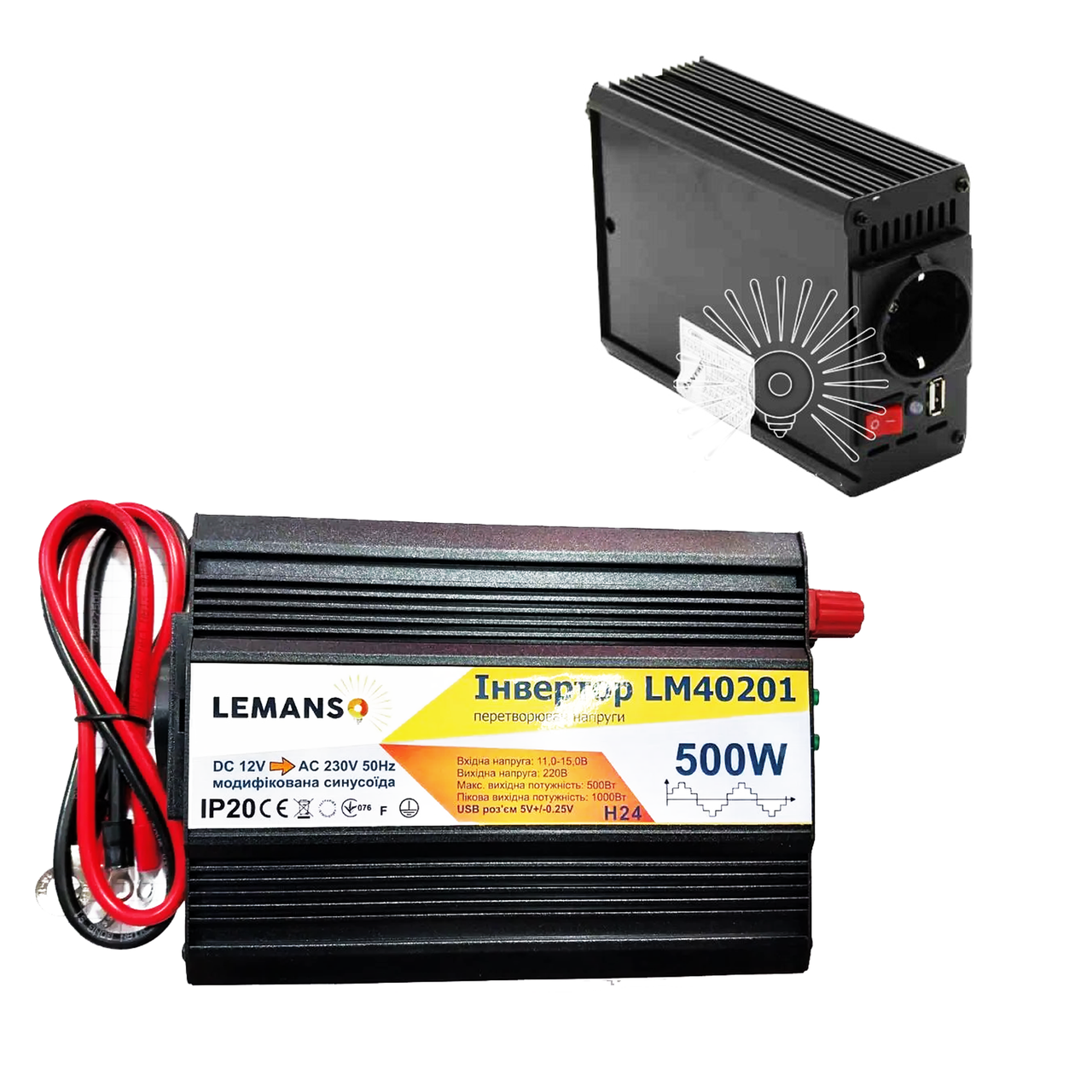Інвертор, перетворювач (автомобільний) Lemanso LM40201 з 12V DC до 230 V / AC 500Вт, фото 1