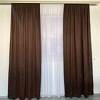Готовые шторы микровелюр на тесьме однотонные коричневые, темно-шоколадного цвета, высота 270