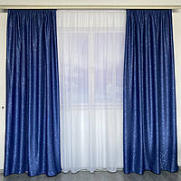 Синие однотонные готовые шторы портьеры лен блэкаут, комплект плотных штор солнезащитных на окно