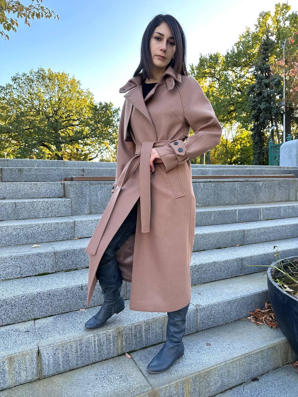 Довге жіноче розкішне зимове вовняне пальто бежевого кольору з патами 40;42;44;46;48;50,52, фото 1