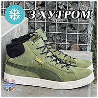 Мужские зимние кроссовки Puma Corduroy Classic Mid Olive Winter Fur Мех, зелёные кожаные кроссовки пума