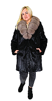 Шуба женская из натурального меха стриженой нутрии с воротником соболь, р 50, длина 90см, черная