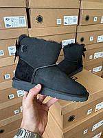 Угги Женские Ugg Bailey Bow Black Suede ультра мини прошиты замша хутро овчина черные