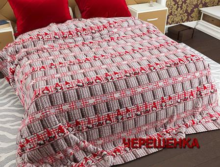 Новорічне стьобане євро покривало байка / мі крофібра сіро-червоне з принтом гномики, фото 1