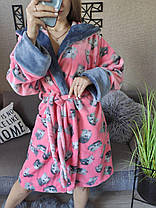 Теплий жіночий короткий махровий халат із капюшоном із вухами кота, фото 2