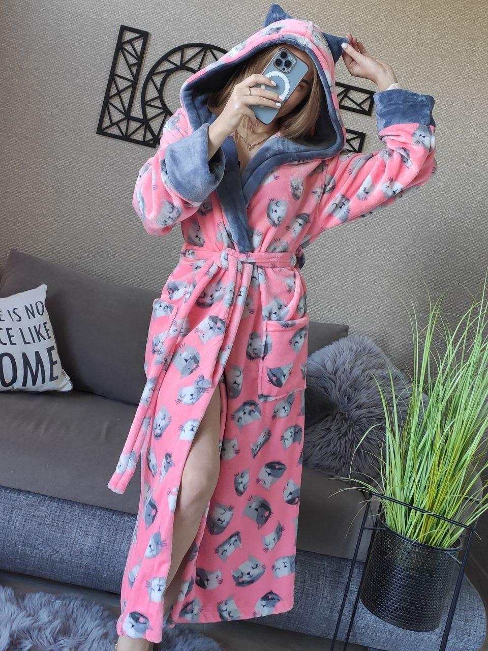 Теплий довгий жіночий махровий халат із котами та вушками Туреччина