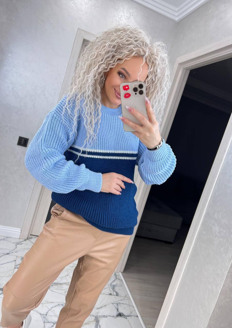 Светр теплий жіночий машинний в'язання зі смугою вовна