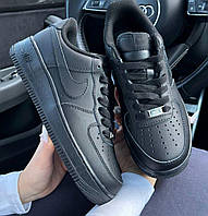 Мужские кроссовки Nike Air Force 1 Low Black Обувь Найк Аир Форс черные повседневные кожаные Вьетнам