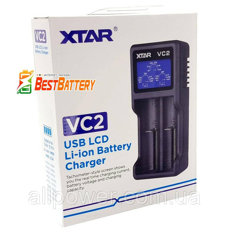 Зарядний пристрій XTar VC2 для Li-Ion (IMR, INR, ICR) акумуляторів, універсальний, 2 канали, USB, LCD