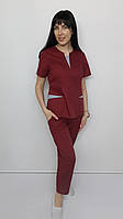 Костюм женский медицинский Оскар хлопок брюки укороченные 44, Бордовый с серой отделкой