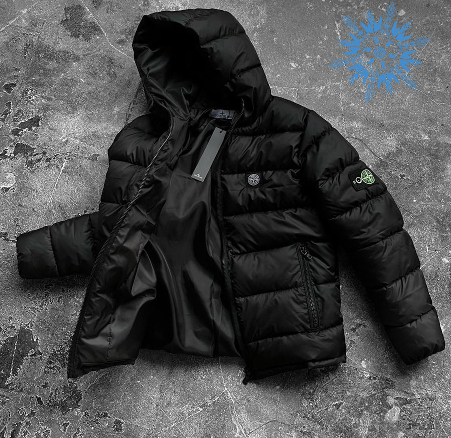 Куртка чоловіча зимова Stone Island тепплий пуховик дутий чорний з капюшоном Туреччина. Живе фото