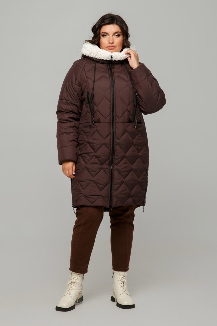 Модна жіноча зимова куртка Тоскана стьобана з хутром під овчину батал 50-60 розміри різні кольори шоколад