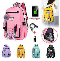 Шкільний підлітковий рюкзак для дівчаток Harvard з USB портом, замочком і хутряним помпоном, 5 кольорів