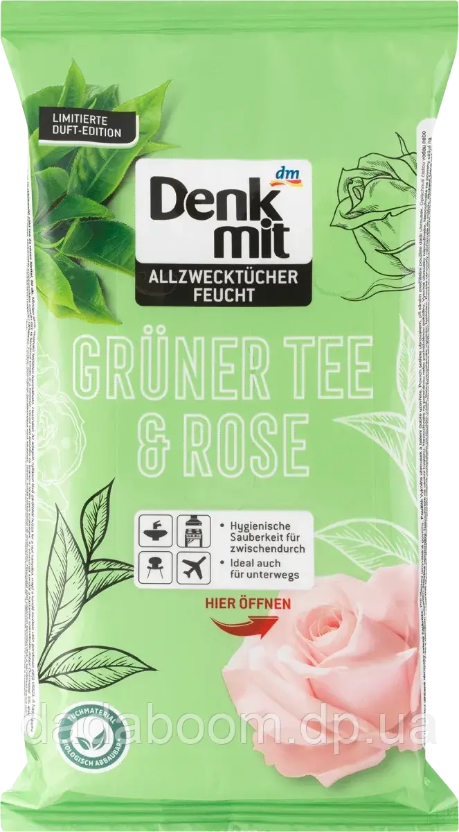 Вологі серветки для прибирання Denkmit (Зелений чай і троянда) 50 шт