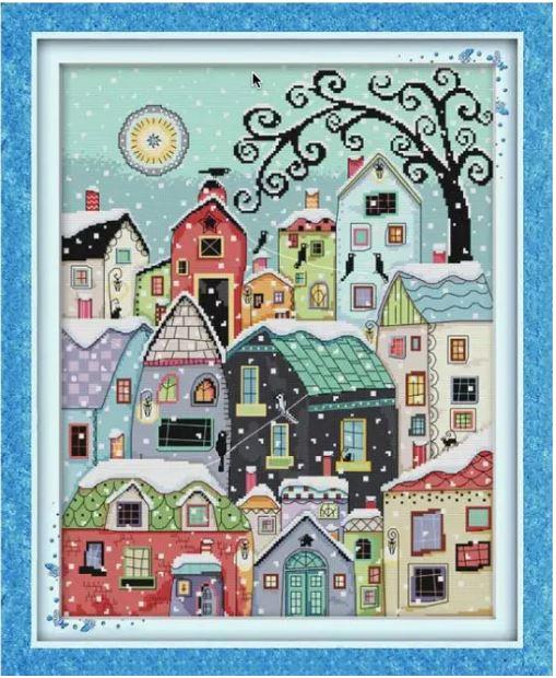 Набір для вишивання за нанесеною на канву схемою "Snow street scenery". AIDA 14CT printed, 40*48 см