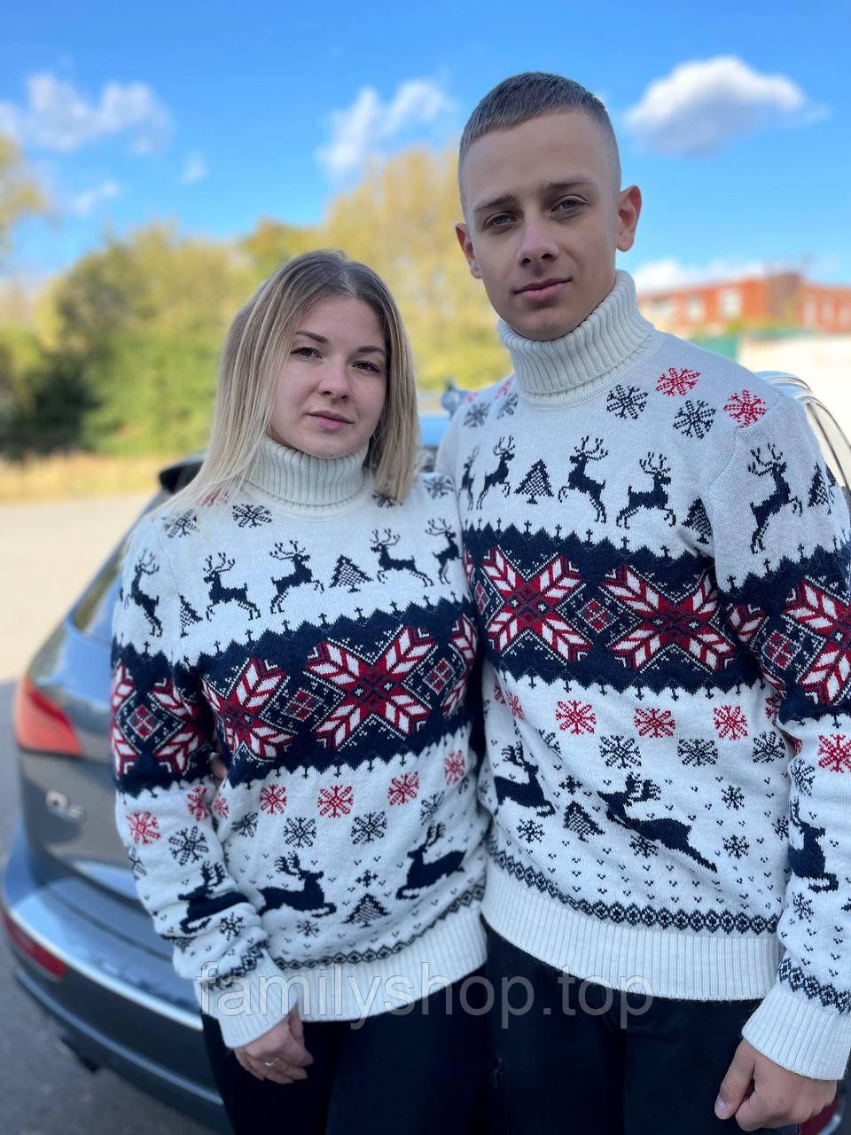 Светр чоловічий ошатний новорічний вовняний теплий осінньо-зимовий, білий, синій, червоний, р. S, M, L, XL, XXL