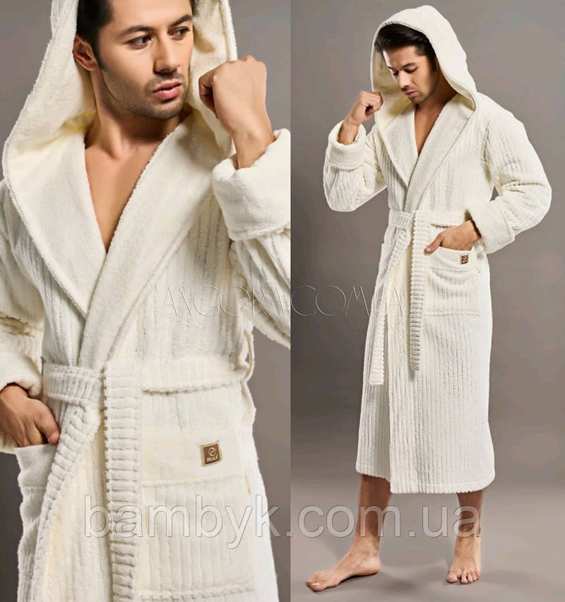 Щільний Чоловічий Халат Махровий З Капюшоном Елітна Серія Nusa 100%-бавовна NS-1435 кремовий