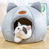 Уютный домик для кота RESTEQ серого цвета. Место сна для кота. Кошачий домик с ушками. Лежак для кошек