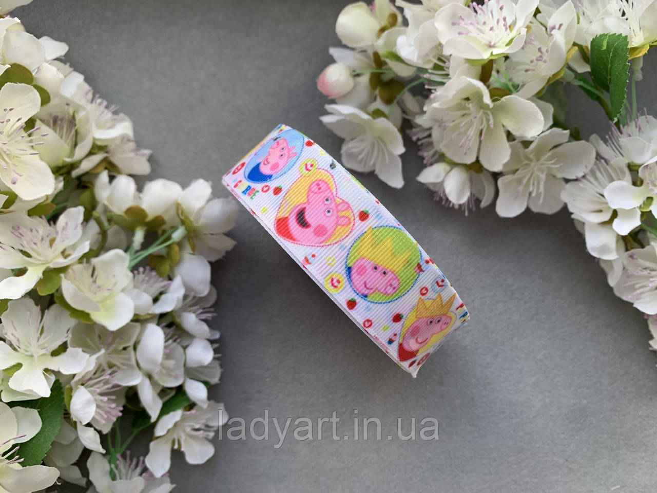 Стрічка репсова з малюнком 2.5 см "Свинка Пепа корона", 25 ярд, гурт