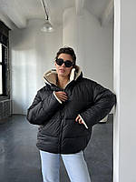 Женская двусторонняя куртка-шубка тедди черно-бежевая