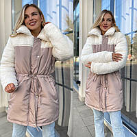 Женская стильная зимняя куртка удлиненная плащевка+ мех тедди S, M, L, XL, 2XL | Зимние женские куртки с мехом Бежевый, 48-52