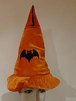 Карнавальный колпак чародея, ведьмы оранжевый с летучей мышью