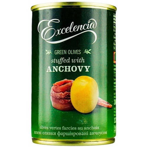 Оливки зеленые Excelencia без косточки фаршированные анчоусами, 350 г ...