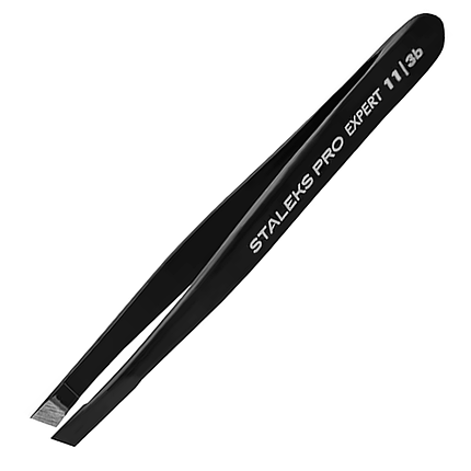 Пінцет для брів Staleks EXPERT TE-11/3b, широкі скошені крайки чорний, фото 1