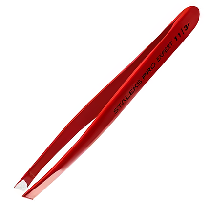 Пінцет для брів Staleks EXPERT TE-11/3r, широкі скошені кромки червоний, фото 1