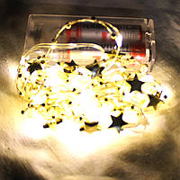 Гирлянда ночник 2 метра звездочка-бисер ЖЕЛТЫЙ на батарейках светодиодная новогодняя паутинка капля росы