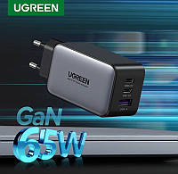 Зарядное устройство Ugreen 65W GaN 2×USB-C + 1×USB-A / Быстрая зарядка QC4.0 / PD3.0 / AFC / FCP