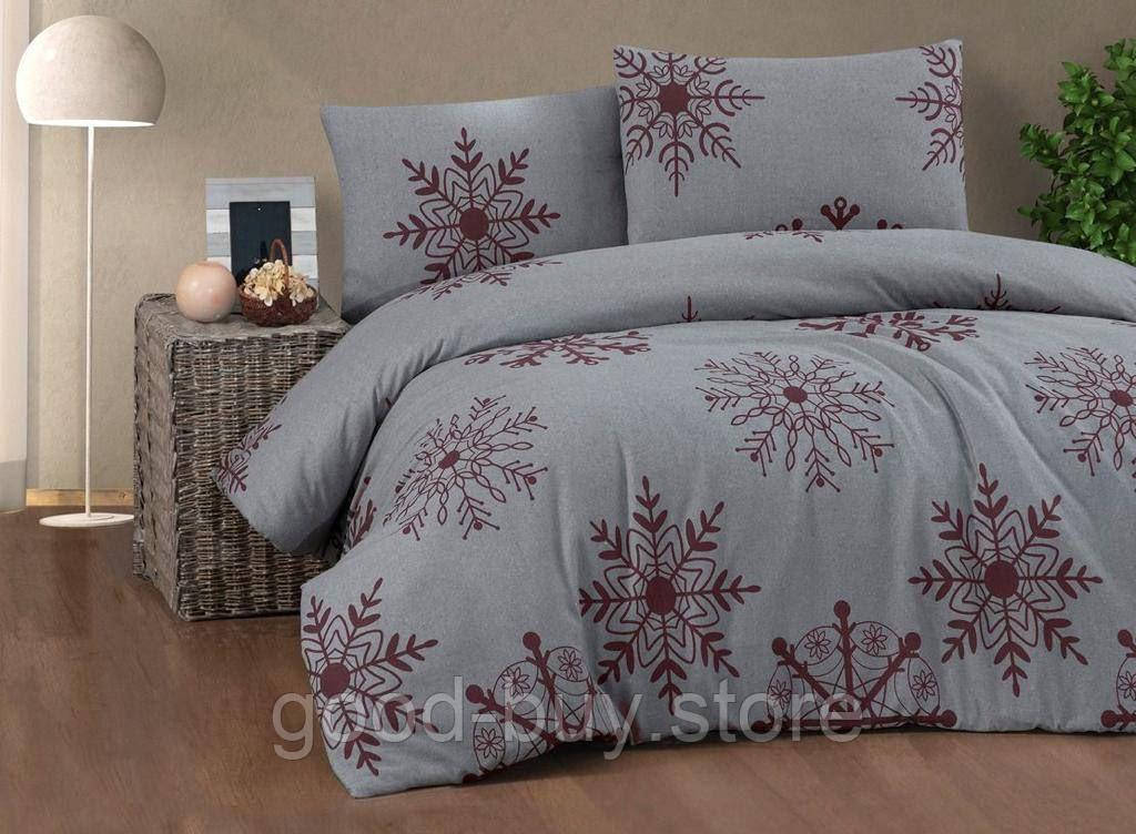 Постільна білизна фланелева Cotton Collection Snowflake bordo-gri євро 200х220