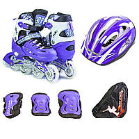 Комплект роликов с защитой и шлемом Scale Sports, размер 29-33, Фиолетовый, светящиеся колеса