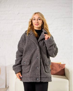 Жіноча укорочена шубка сірого кольору з еко-хутра з англійським коміром розміри від 44 до 54, фото 1