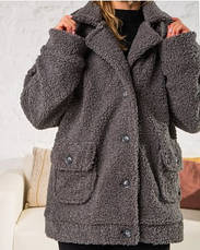 Жіноча укорочена шубка сірого кольору з еко-хутра з англійським коміром розміри від 44 до 54, фото 5