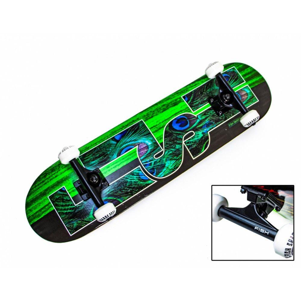 Скейтборд деревянный Fish Skateboard Green Peafowl с рисунком, с усиленной подвеской - фото 1 - id-p1117816886